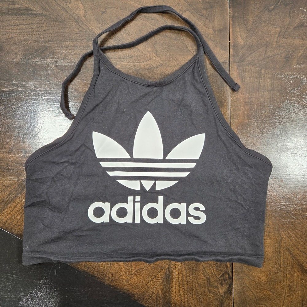 Adidas Black Halter Top Womens Medium Trefoil Logo Cropped Athleisure